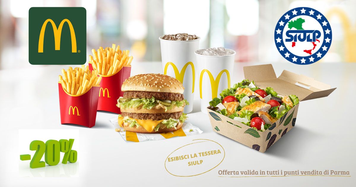 Locandina McDonald’s e SIULP: sconto del 20%, esibendo la tessera SIULP, nei punti vendita di Parma.