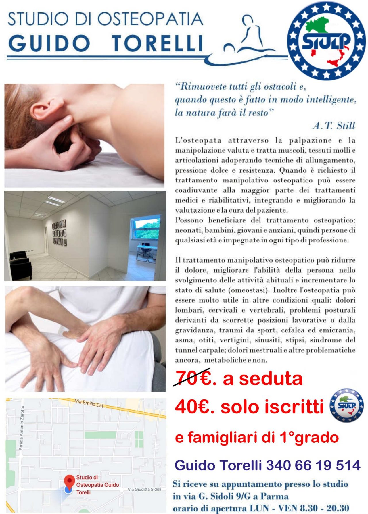 Convenzione Osteopatia Guido Torelli e SIULP Parma. 40 € anziché 70 € per iscritti e familiari di primo grado.